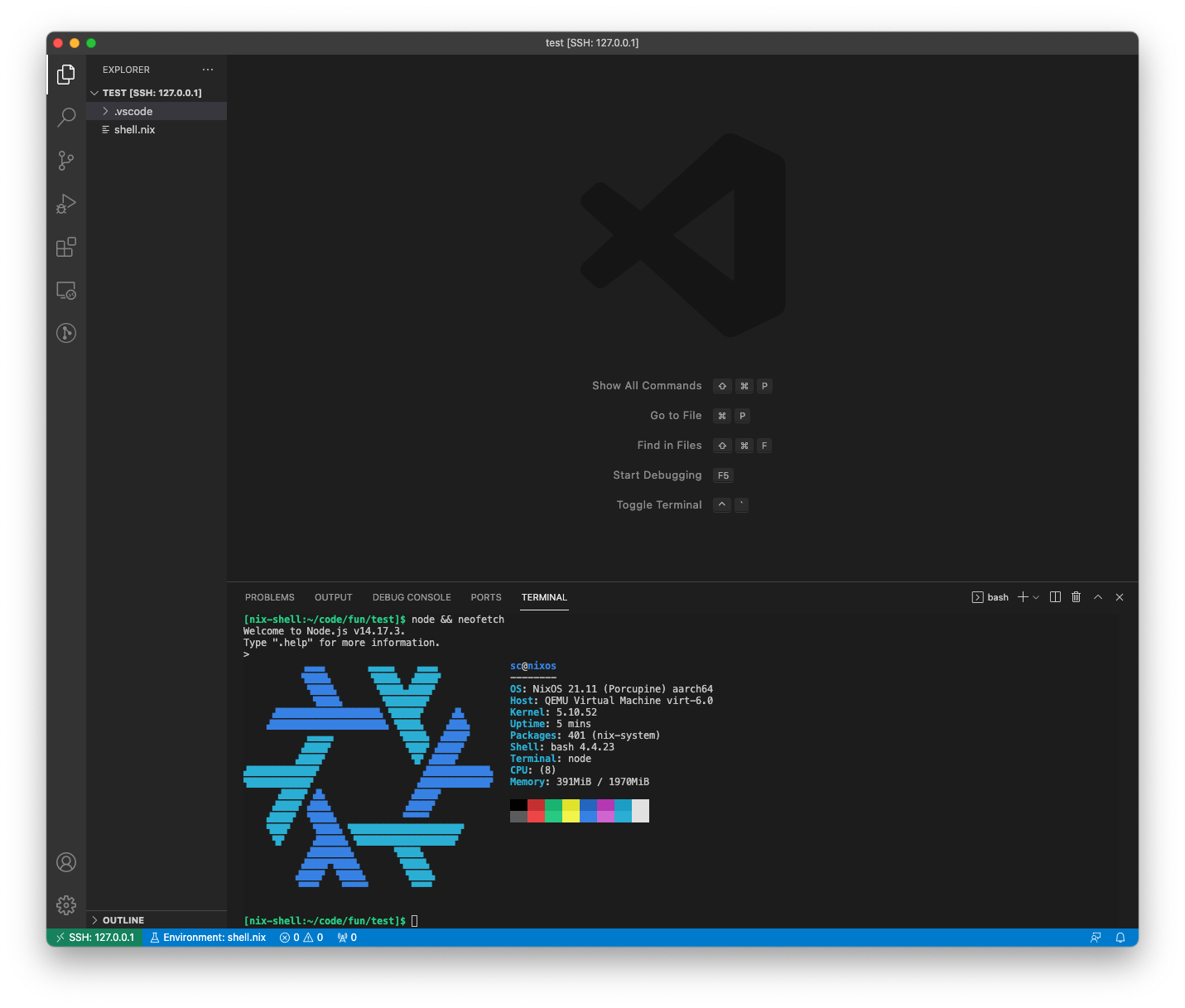 Visual Studio Code window showing NixOS as the output from neofetch in the integrated terminal